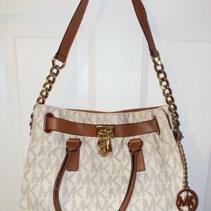 Michael Kors White and Tan Logo Shoulder Bag